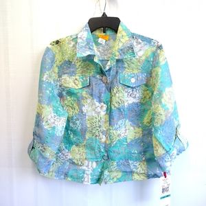 NWT Ruby Rd. Crop Button Up Floral Shirt Jacket Turquoise Multi 16P